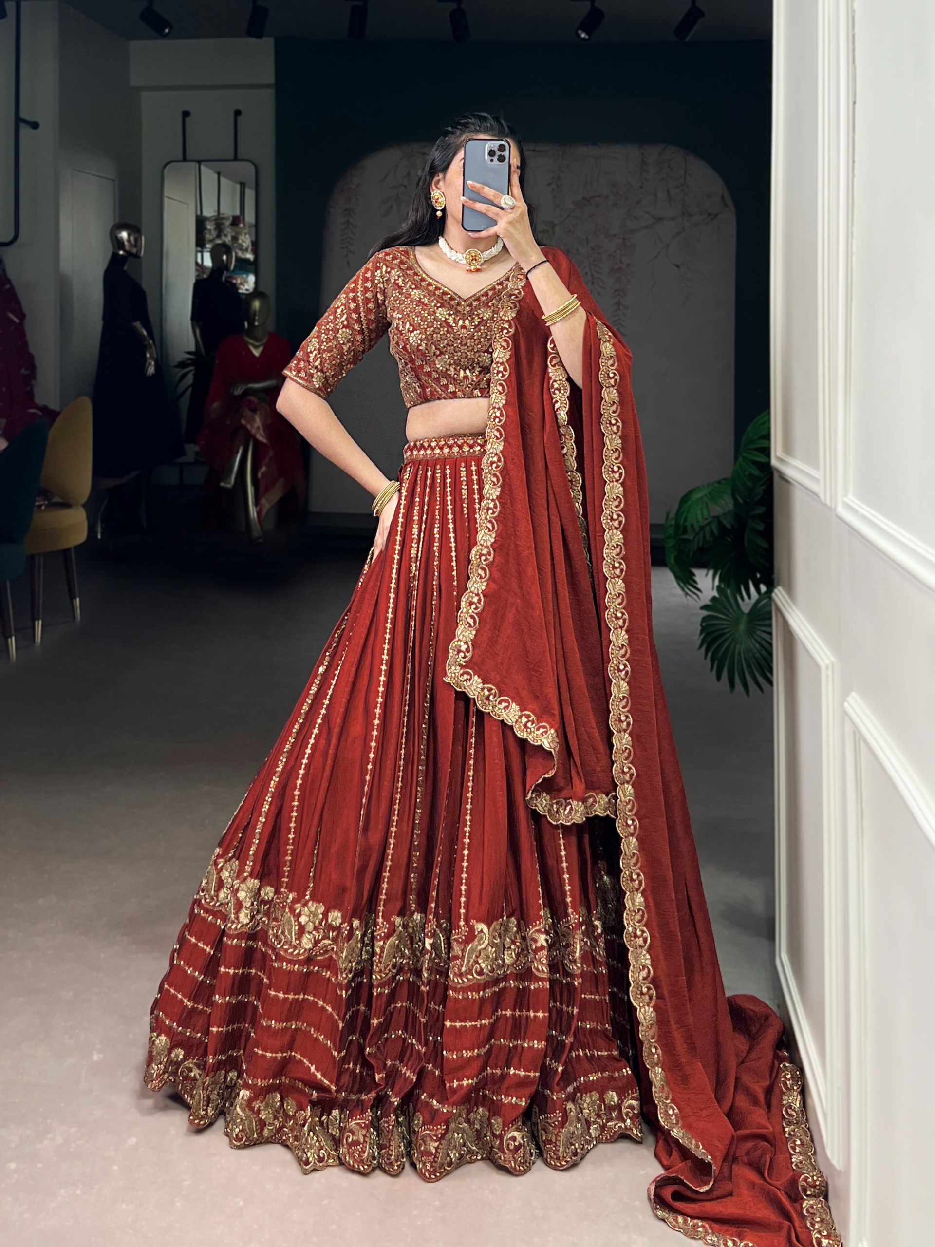 Rust Embroidered Bridal Lehenga Set