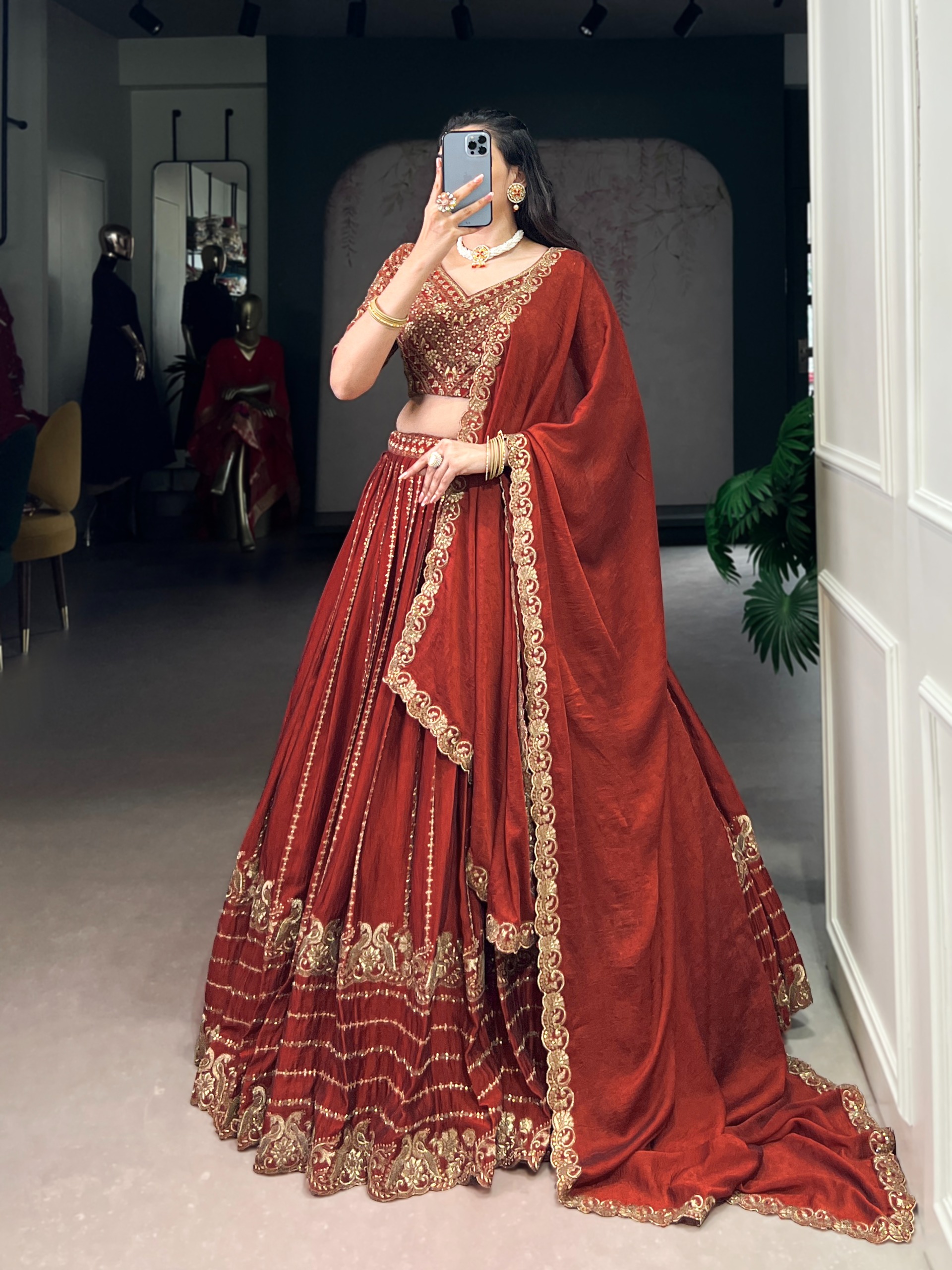 Rust Embroidered Bridal Lehenga Set - Image 2