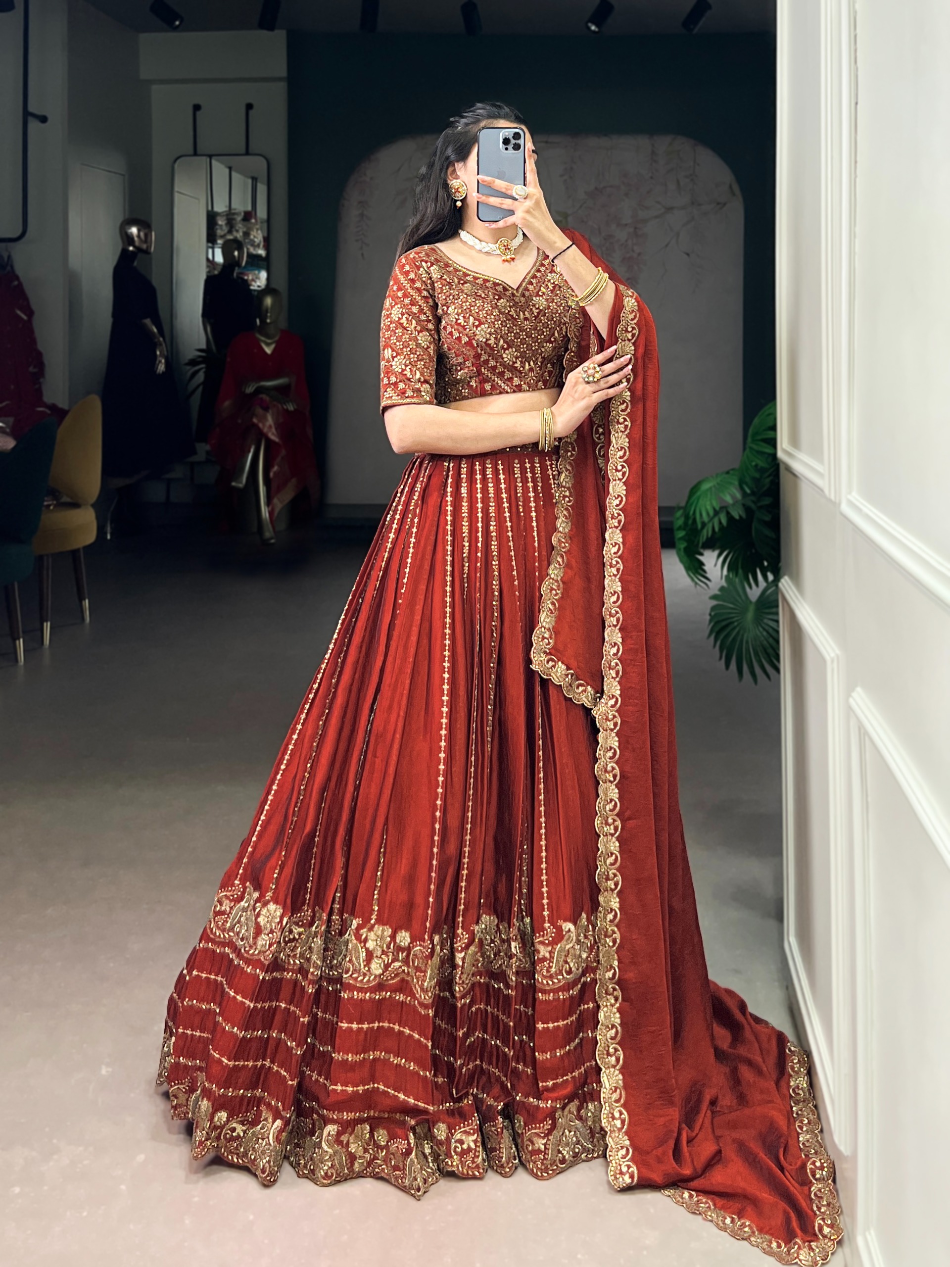 Rust Embroidered Bridal Lehenga Set - Image 3