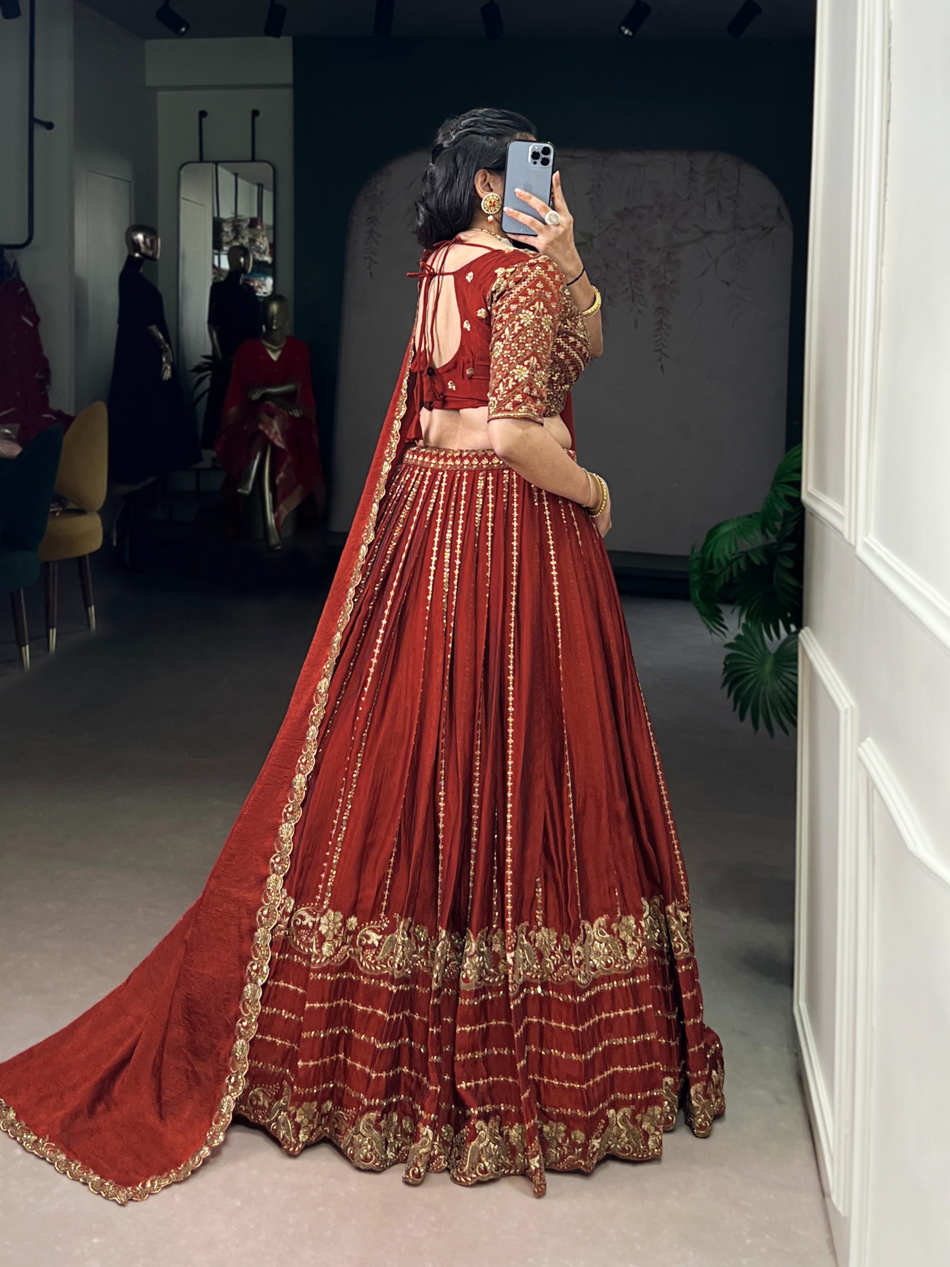 Rust Embroidered Bridal Lehenga Set - Image 4