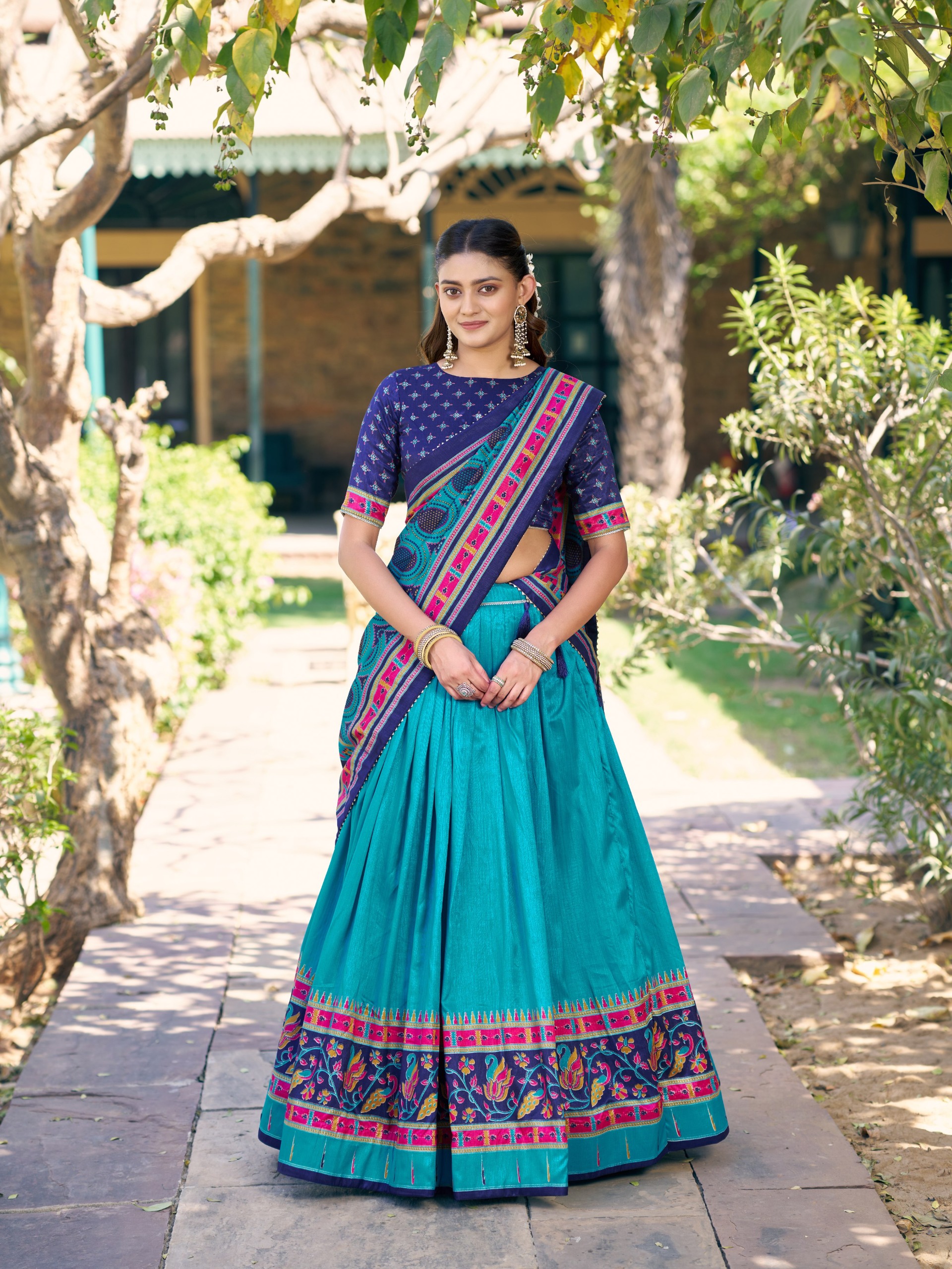 Teal Blue Traditional Lehenga Set with Printed Dupatta