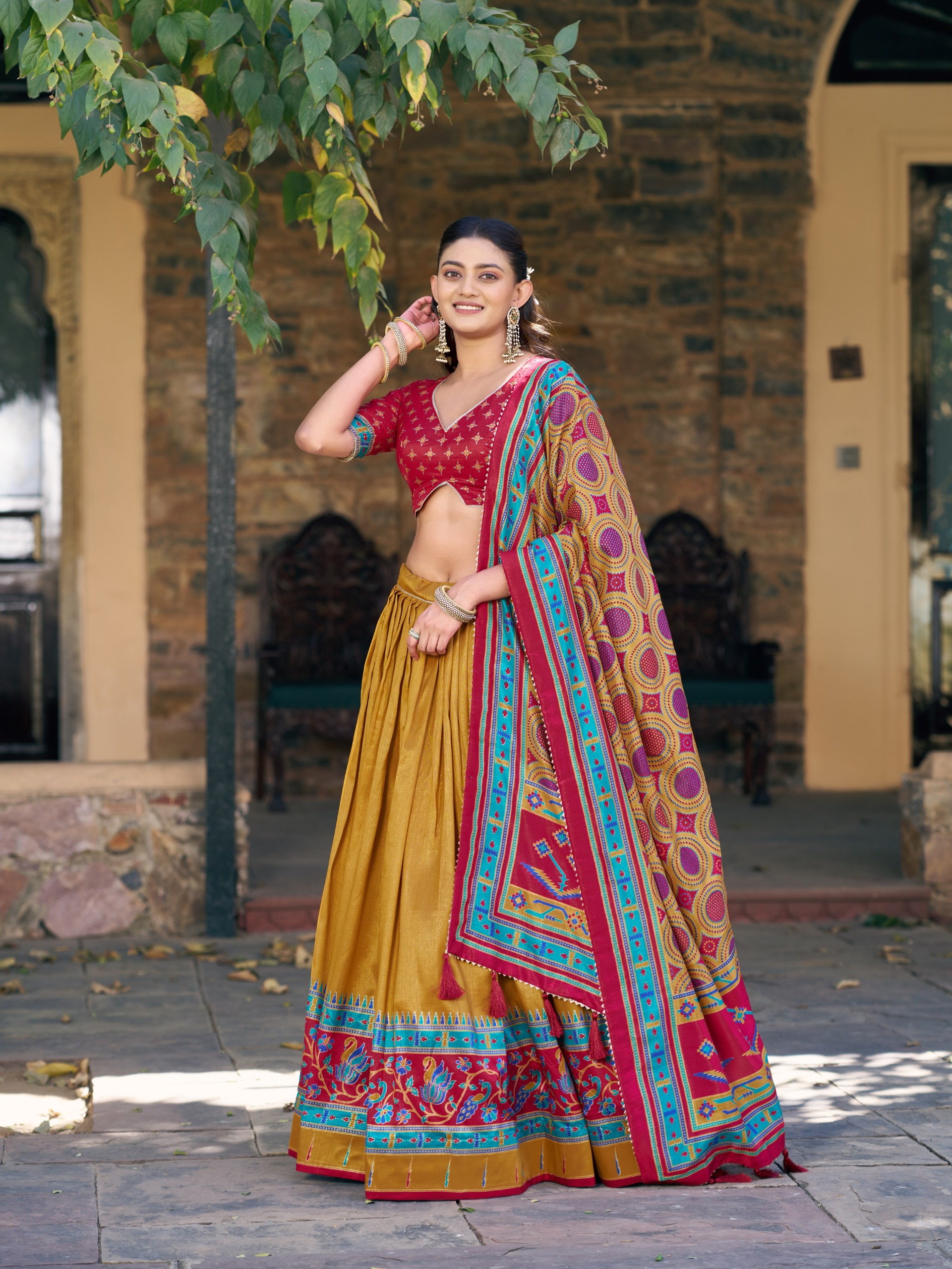 Teal Blue Traditional Lehenga Set with Printed Dupatta - Image 2