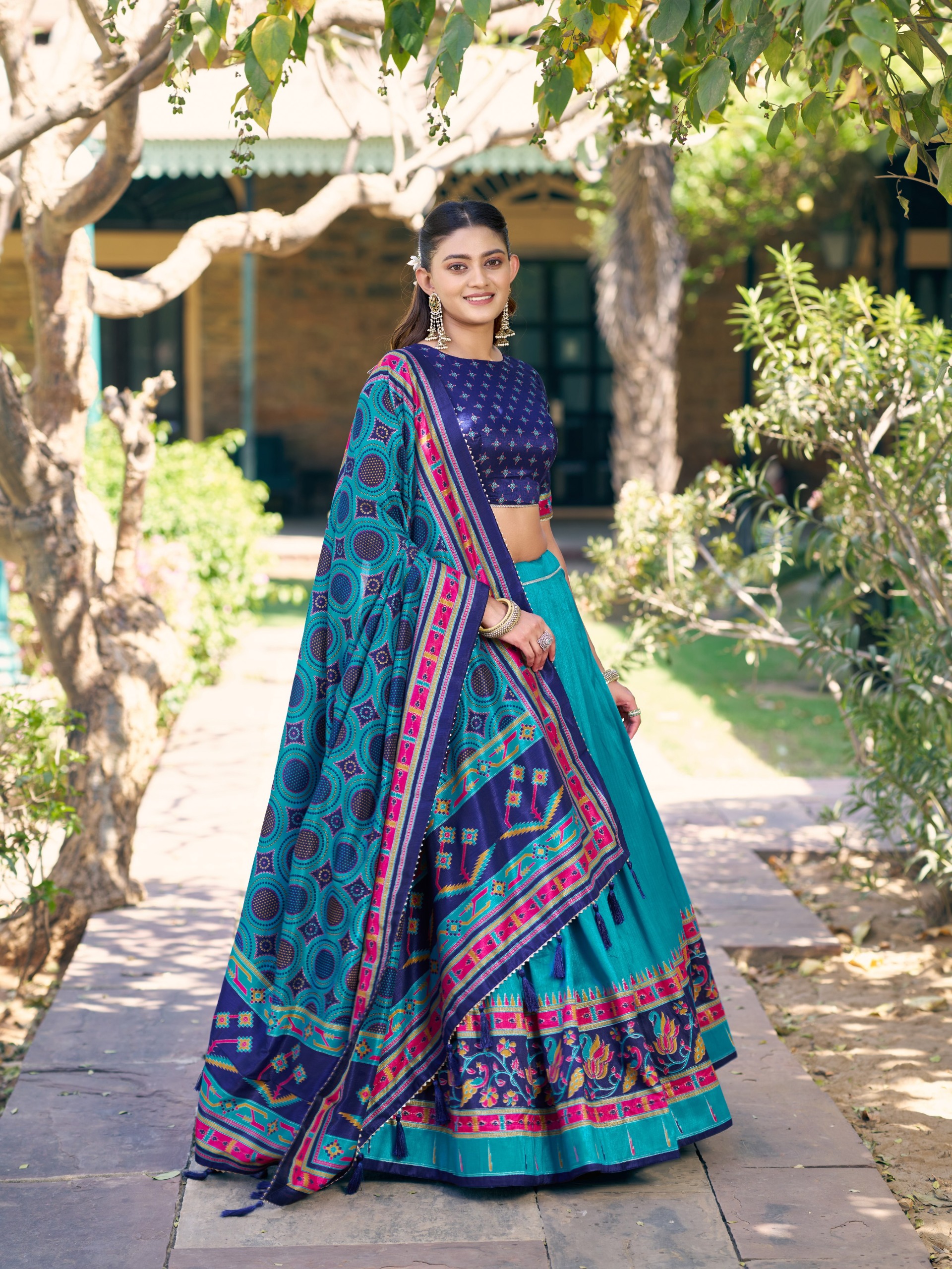Teal Blue Traditional Lehenga Set with Printed Dupatta - Image 5