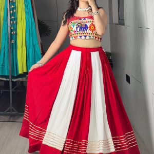 Red & White Pleated Navratri Lehenga Set