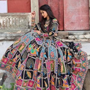 Black Multicolor Heritage Print Lehenga Set
