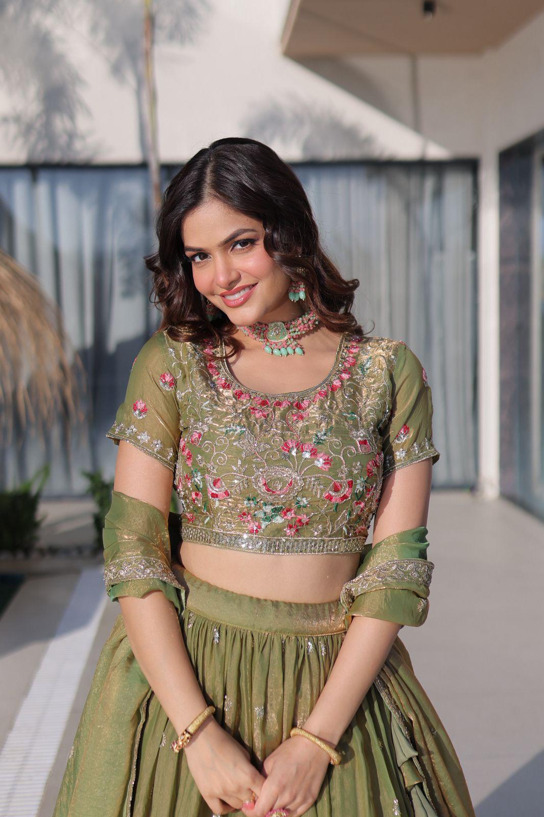Olive Green Floral Embroidered Lehenga Set - Image 2