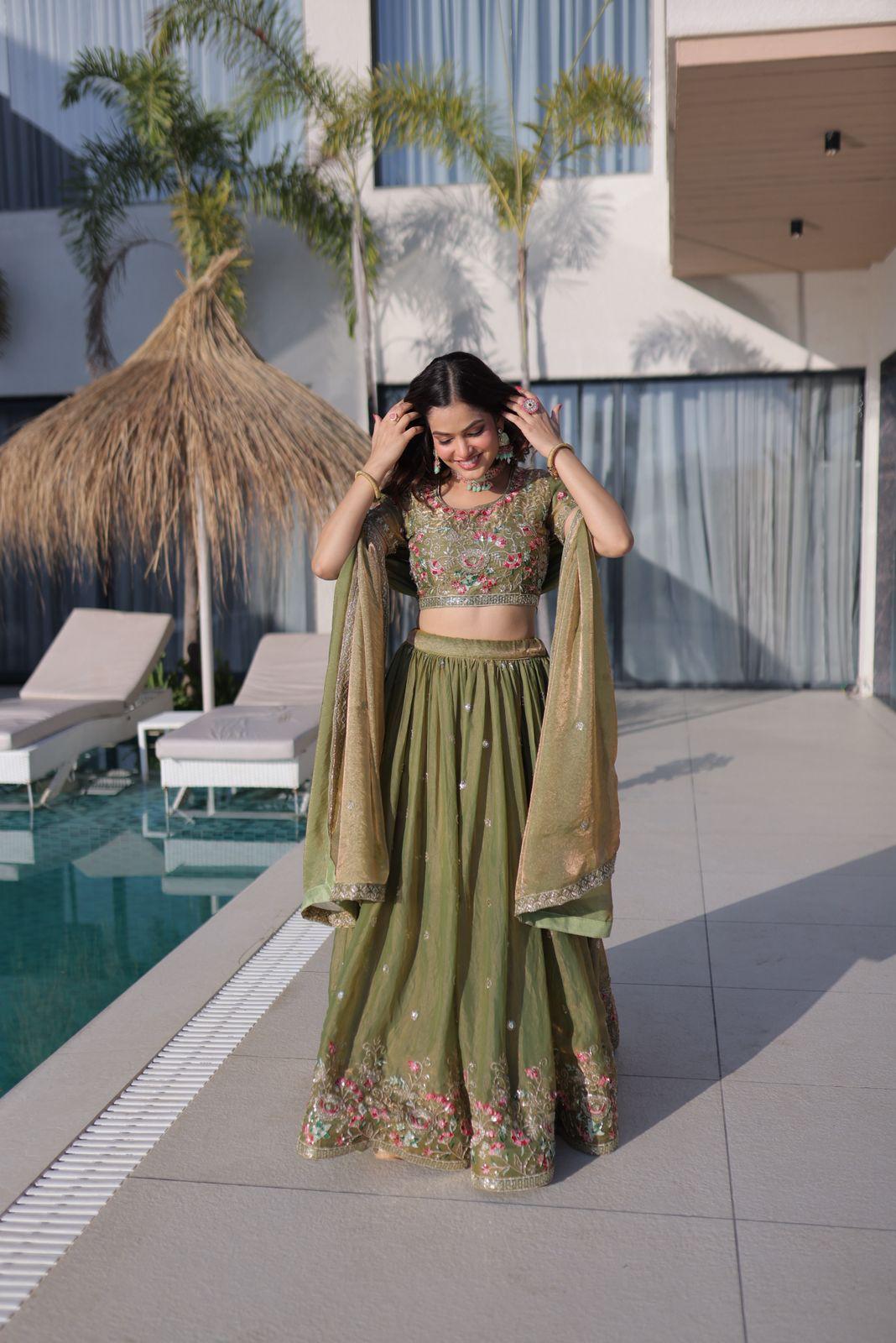 Olive Green Floral Embroidered Lehenga Set - Image 3