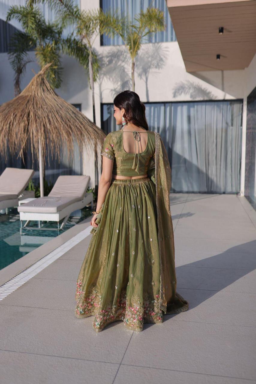 Olive Green Floral Embroidered Lehenga Set - Image 4