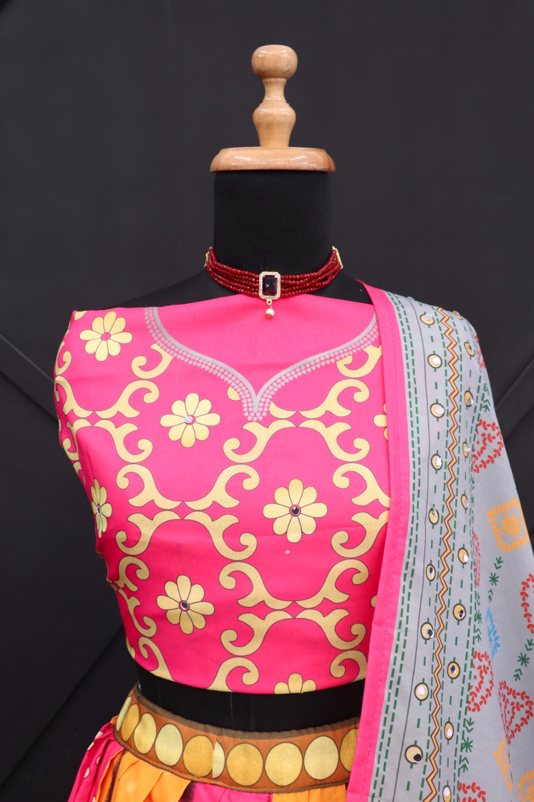 Pink & Yellow Printed Lehenga Choli Set with Dupatta - Image 3
