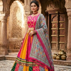 Pink & Yellow Printed Lehenga Choli Set with Dupatta