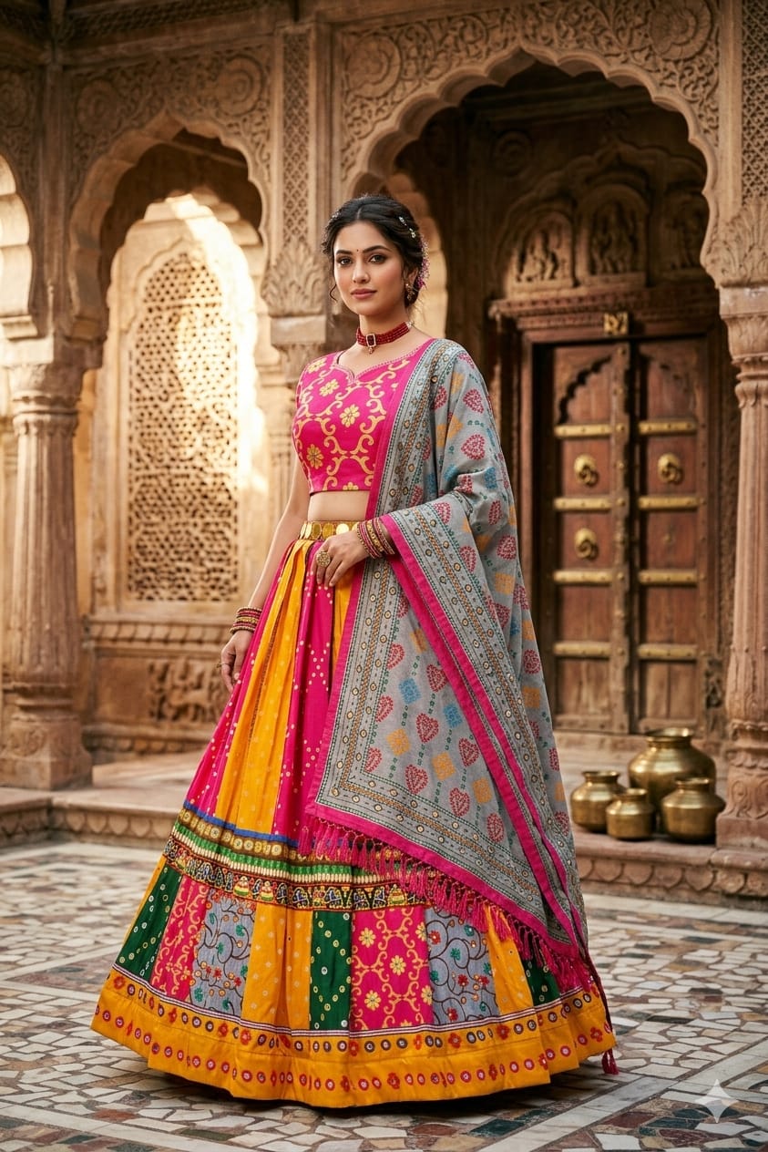 Pink & Yellow Printed Lehenga Choli Set with Dupatta