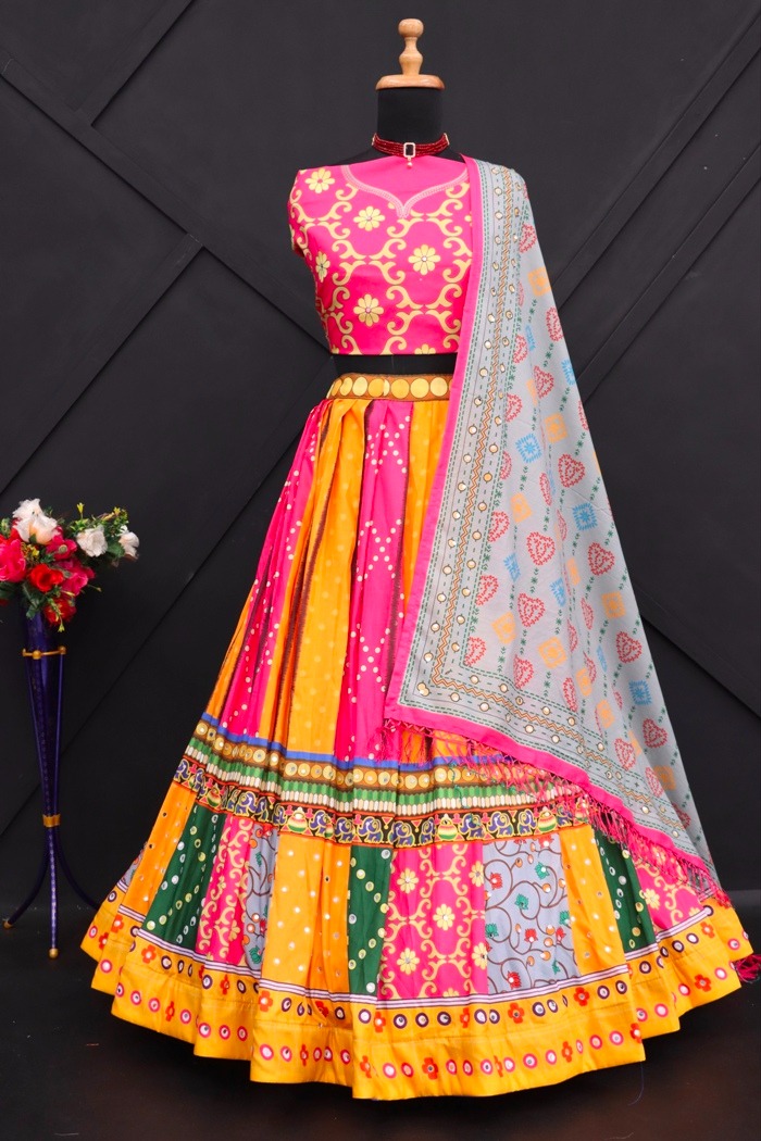 Pink & Yellow Printed Lehenga Choli Set with Dupatta - Image 2