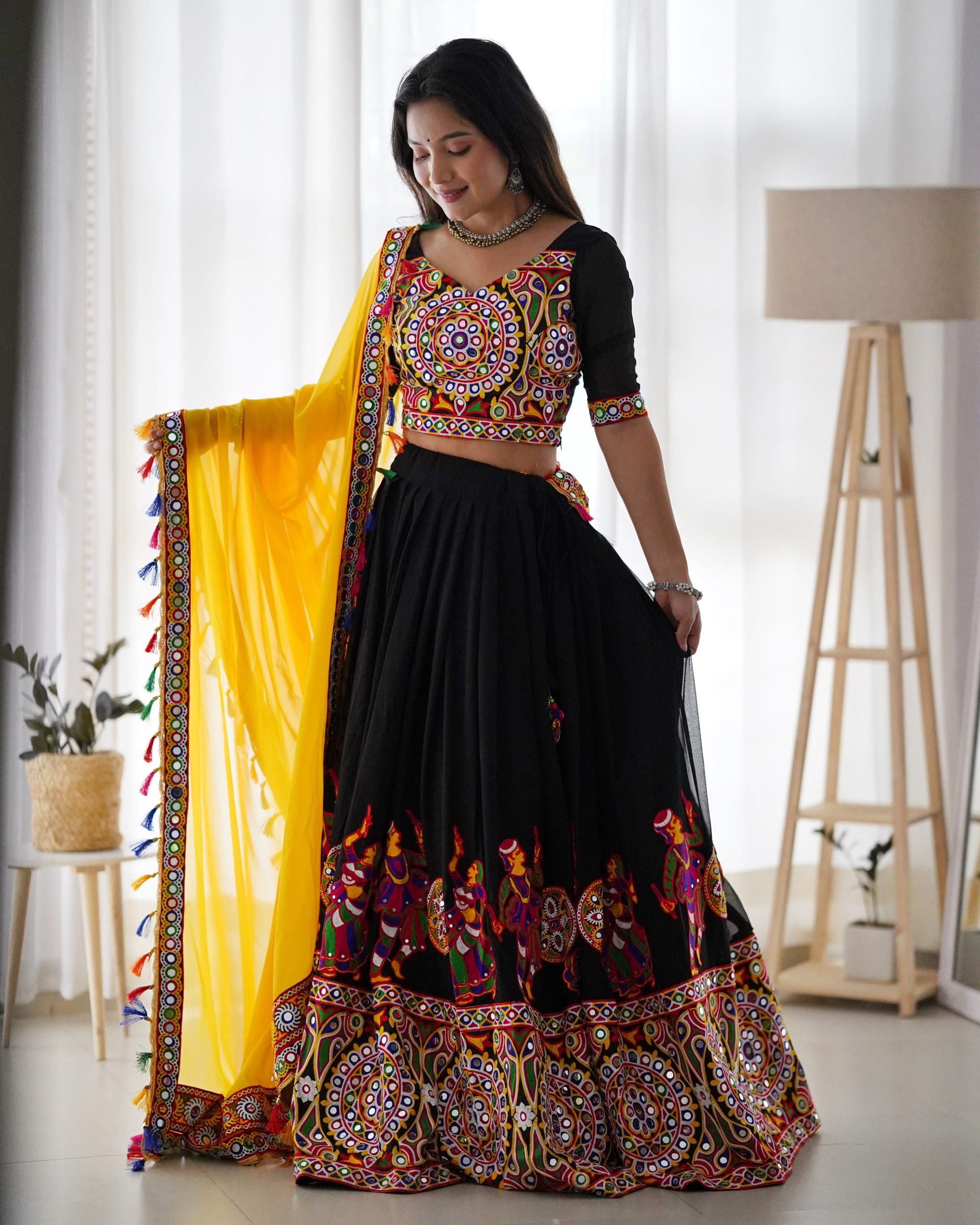 Black Navratri Chaniya Choli with Yellow Dupatta - Image 4