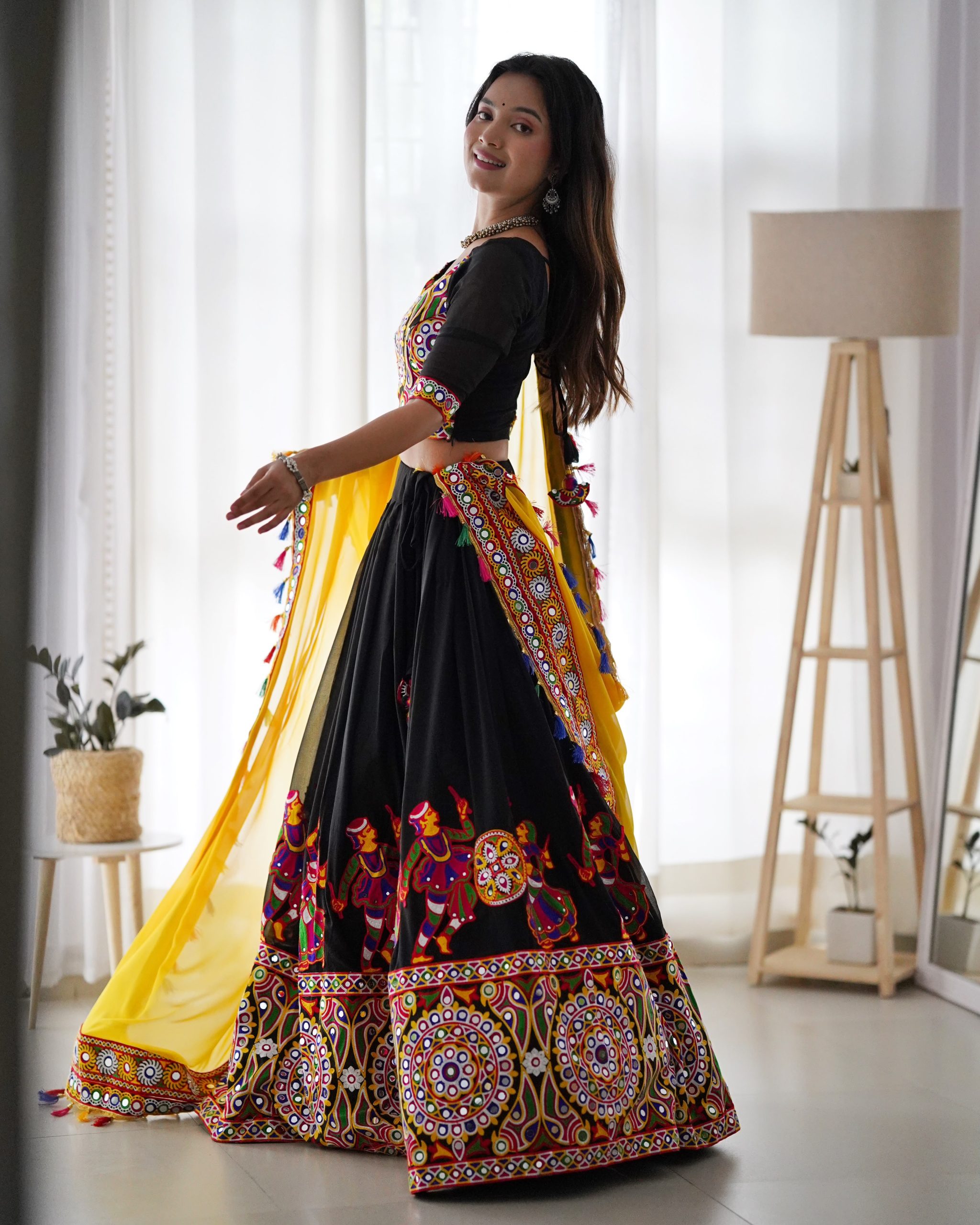 Black Navratri Chaniya Choli with Yellow Dupatta - Image 2
