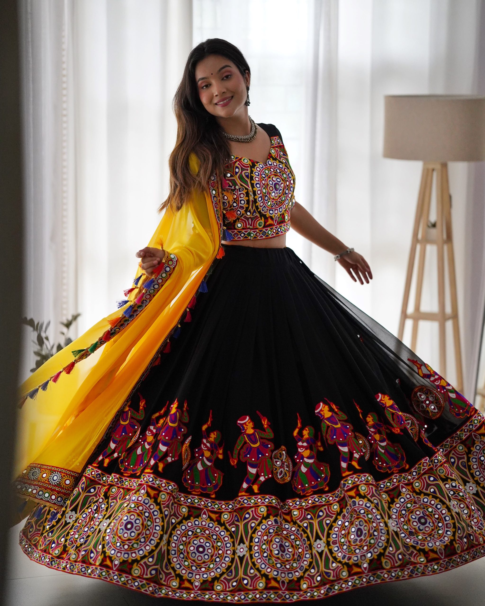 Black Navratri Chaniya Choli with Yellow Dupatta