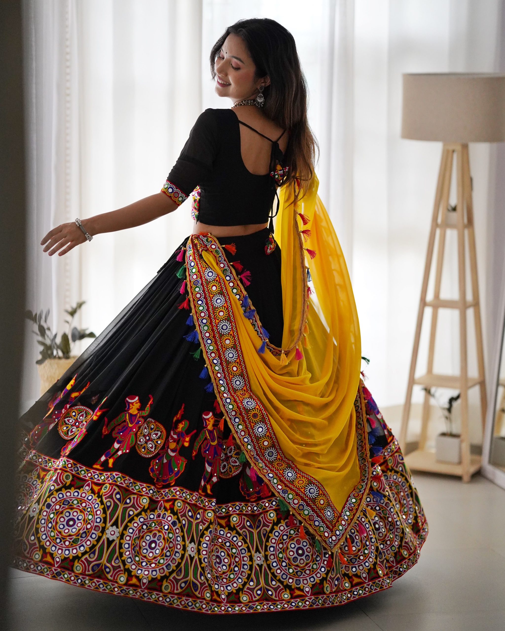 Black Navratri Chaniya Choli with Yellow Dupatta - Image 3