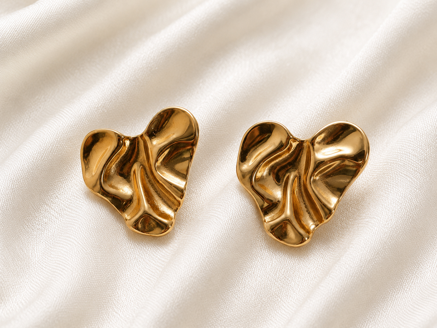 Golden Textured Heart Stud Earrings - Image 2