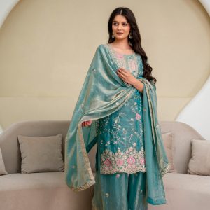 Elegant Sea Green Embroidered Sharara Suit Set